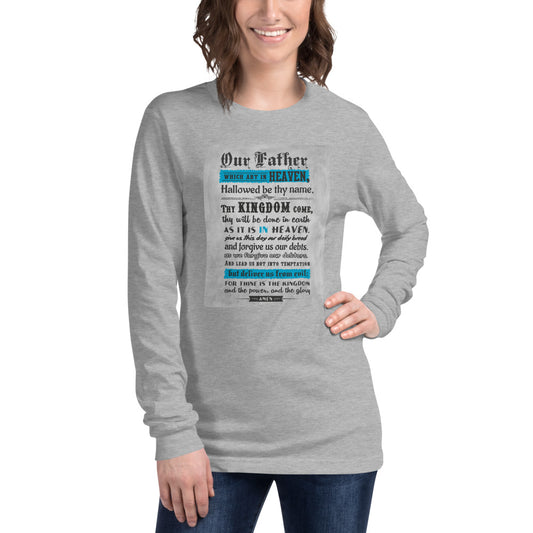Front view of The Lord’s Prayer long sleeve Christian tee